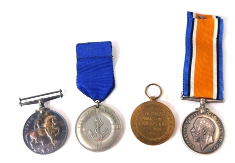 A collection of medals, to include a Princess Margaret Deliverance from the Bolsheviks medal from 1919, the ship travelled from Riga to London, recipient unknown, two First World War medals, awarded to a J Doddington, TR.MFA, the 14-18 Campaign medal and