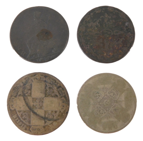 Four coins, comprising two George III collectors coins, for 1777, a silver florin, and a George VI florin. (4)