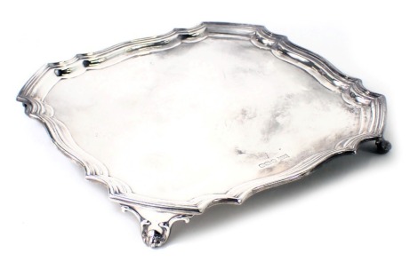 A Walker and Hall George V silver salver, with a fluted square border, Sheffield 1926, 12.5oz, 21cm x 21cm.