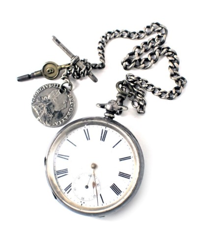 A George V pocket watch, with white enamel Roman numeric dial, seconds dial and gold hands, in a white metal case stamped 935, on a later silver curb link watch chain, with coin fob, key wind, 4.24oz. (AF)