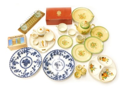 A collection of ceramics, to include Booths Silicon china Art Deco teapot, cruet, etc., a breakfast set, printed with Dickens day scenes, to include toast rack, etc.