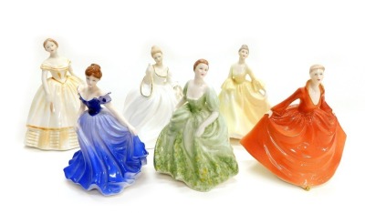 Six Coalport porcelain figurines, Lydia, Samantha, Sandra, Lyndsay, Jill, and Jennifer.