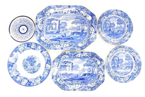 A quantity of blue printed pottery, to include Copeland Spode Italian plates, two meat dishes, etc.