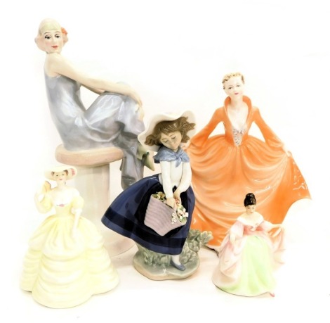 A collection of five porcelain figurines, to include Royal Doulton Flirtation, Lladro Coalport Grand Entrance, etc.