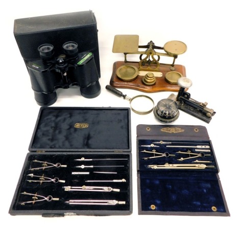 A collection of items, to include a set of mahogany and brass letter scales, compass, drawing instruments, Swift 60x50 binoculars, etc.