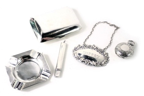 A collection of small silver, to include sovereign case, small ashtray, sherry label, cigarette case, and a pencil holder, weighable silver 4.05oz.