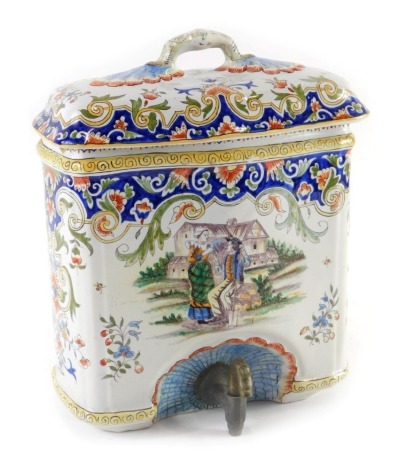 A late 19thC Fourmaintraux Frere Faience water fountain and cover, decorated with figures beside a building, flowers, etc., 28cm high, 24cm wide.