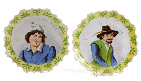 A pair of 19thC French faience Humorous cabinet plates, inscribed LE PERE HEUREUX and LE PERE YVETOT, HB stamp to underside, 25cm diameter.