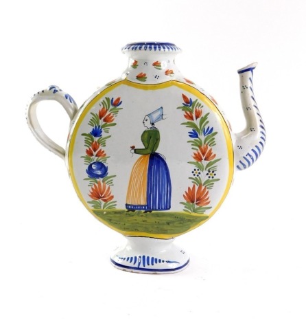 A 19thC French HB faience large teapot, in the Mazon flat round Breton pattern, polychrome decorated with lady with tulip, signed HB in black to underside, 29cm high.