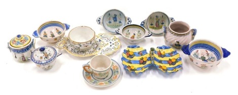 A collection of 19thC and later Faience pieces, to include a 1920s Martell double hors d'oeuvre dish, an 18thC breakfast cup and saucer stamped DB, various two handled bowls, etc.