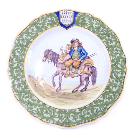 A 19thC Porquier Beau Faience plate, decorated with a man and child on horseback, titled to underside Penmarch, 23cm diameter.