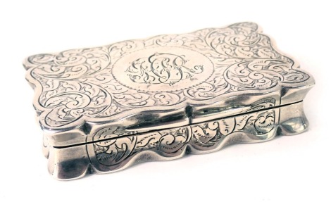 A Victorian silver snuff box , with a fluted outer border, on rectangular design, with engine turned decorated and central cartouche bearing the initials ECR, maker D&F, Birmingham 1897, 2.27oz.