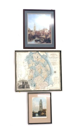 After Josiah Neele. County map of Lincoln, from the original by C&J Greenwood, later coloured, 66cm x 75cm, an two coloured prints of Boston. (3)