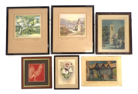 20thC School. Cockerel, print, 14cm x 12cm, wood, Old Hall Gainsborough, watercolour, and other pictures.