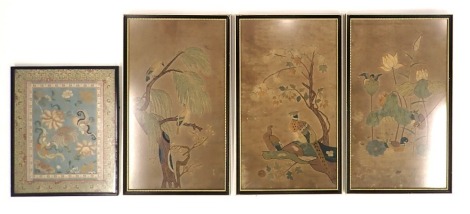 Three late 19th/early 20thC Oriental embroidered pictures, depicting ducks, pheasant, other birds (AF), and an Oriental silk embroidery. (4)