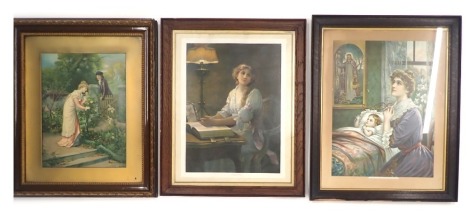 Three late 19th/early 20thC genre prints, titled Lord's Prayer, There's a Friend for Little Children, and Figures at a Gate. (AF)