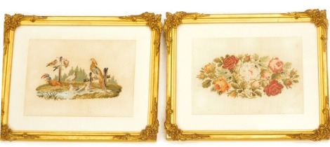 A pair of woolwork embroideries, one floral, the other decorated with birds, each within a gilt frame.