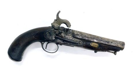 A 19thC bolt pistol, with inlaid octagonal barrel, now converted to a percussion action, with ram rod and chequered stock and bolt chip, 27cm long.