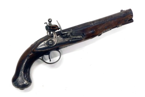 A late 18thC flintlock Dragoon pistol, with Damascus barrel, ram rod, the lock plate engraved J.C., 33cm long.