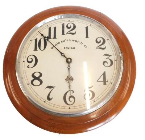 A 20thC walnut wall clock, the dial named Anglo Swiss Watch Company, Admiral, with chrome plated bezel, 40cm diameter.