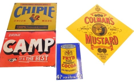 A collection of four reproduction enamel signs for Colman Mustard, Chippy overalls, Camp Coffee, and Fry's Coco, various sizes.