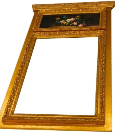 A Continental gilt gesso overmantel mirror, the frieze painted with a Dutch style still life, above a rectangular bevelled plate, 162cm high, 90cm wide.