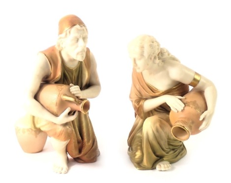 A pair of Royal Worcester figures, a male and female crouching with water pales, numbered 637, with green Worcester stamp to underside, 15cm high. (2)