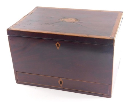 A 19thC mahogany and fruitwood cross banded workbox or cutlery box, the hinged lid inlaid with a shell above a frieze drawer, 38cm wide. (AF)