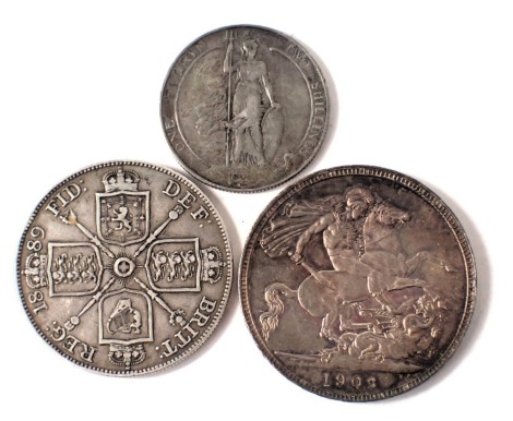 An Edward VII 1902 silver crown, a Victoria 1889 half crown, and an Edward VII 1905 florin. (3)