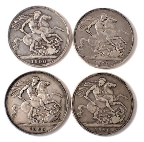 Four Victoria silver crown coins, for 1898, 1900, 1893, and 1899.