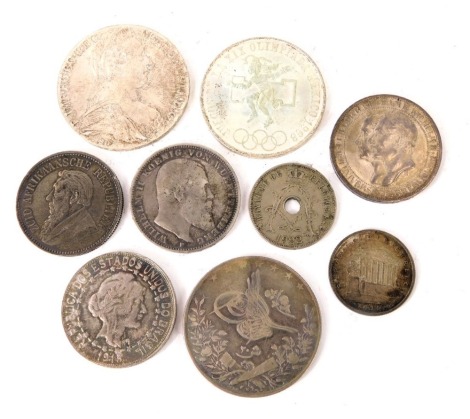 A collection of foreign, silver and other coins, to include Marie Theresa Thaler, Brazilian, Mexican, South African, German, etc.