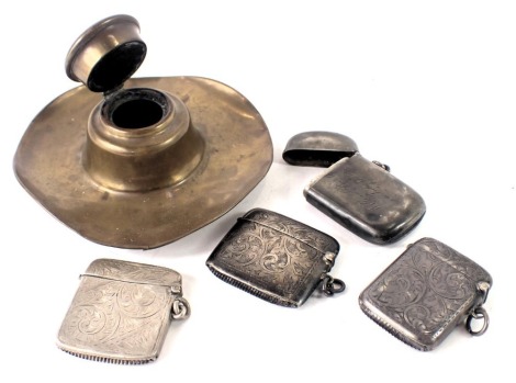 Three engraved silver Vesta cases, various dates, 7.84oz, (AF), another unmarked and a brass inkwell. (5)