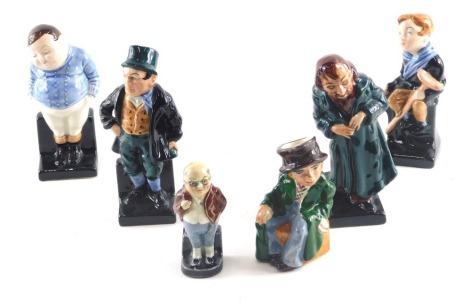 Four Royal Doulton Dickens figures, of Fagin, Bill Sykes, Tiny Tim, Fat Boy, an Artone figure of Pickwick, and a character jug.