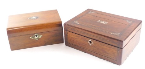 A 19thC rosewood and pewter inlaid jewellery box, mother of pearl escutcheon, 30cm wide, and a Victorian walnut and mother of pearl jewellery box, 27cm wide.