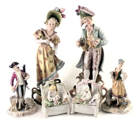 Six continental porcelain figure groups, comprising a pair with dogs and goats, and a large pair, in flowing dress, 30cm high. (6)