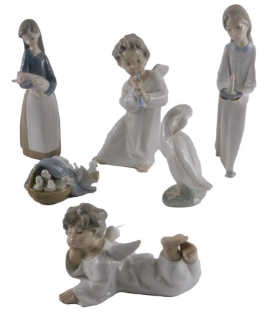 Six Lladro porcelain figures, comprising geese, geese in basket, children playing musical instrument, lady carrying candle, etc., the largest 20cm high. (6, AF)