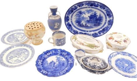 A group of ceramics, comprising two Royal Worcester Evesham tureens, a Copeland Spode Italian tea bowl, a blush ivory pot puree vase, blue and white meat plate, etc. (a quantity)