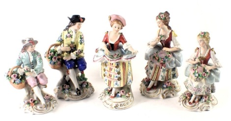 Five continental Sitzendorf porcelain figures, depicting three maidens and two gentleman, stamped to underside, 14cm high.