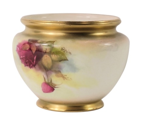 A Royal Worcester blush ivory vase, signed K H Blake, with painted roses, numbered 139, with puce Worcester stamp to underside, 10cm high.