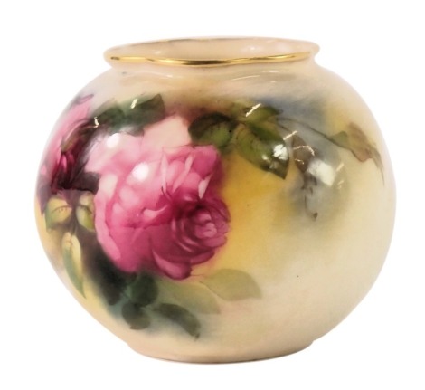 A Royal Worcester blush ivory miniature vase, painted with roses, green Worcester stamp to underside, numbered G161, 7cm high.