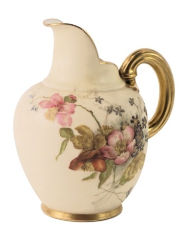 A Royal Worcester blush ivory jug, with a gilded and moulded handle, painted floral body, with puce Worcester stamp to underside, numbered 1094, 13cm high.