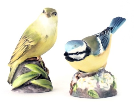 Two Royal Worcester birds, comprising a blue tit, and a wood warbler, 7cm high. (2)