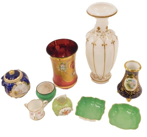 Decorative ceramics, comprising a Bohemian white gilded vase, 22cm high, ruby flash and gilded vase, 13cm high, Royal Crown Derby 300 tyg, Coalport blue finish trinket jar and vase, two Royal Crown Derby green pin dishes, and Dresden small vase. (a quanti