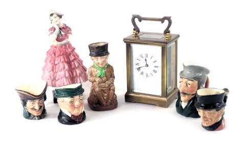 A 20thC brass cased carriage clock, Royal Doulton Maisie figure, and a small group of Royal Doulton and Beswick small and miniature character jugs. (a quantity)