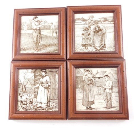 A set of four Victorian ceramic tiles, each printed in brown with rural scenes, possibly Minton, 14cm x 14cm.