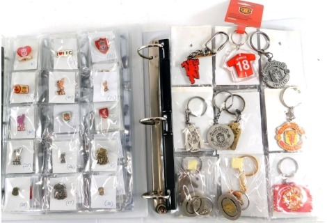 A quantity of mainly football related enamel pin badges, to include Liverpool Football Club, various Manchester United England Football keyrings, etc. (2 folders)