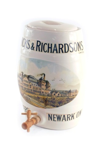 A reproduction spirit barrel, printed with the Warwicks and Richardson Brewery Newark, 29cm high.