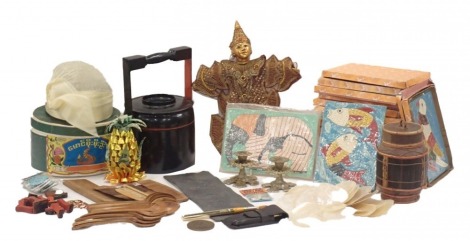 Miscellaneous Asian and other items, to include a Thai doll, lacquer food container, candlesticks, shell bowls, etc.