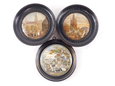 Three 19thC Prattware pot lids, to include The Albert memorial, French street, etc.