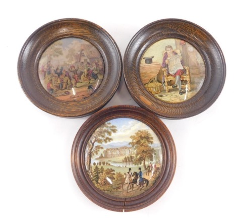 Three 19thC Prattware pot lids, to include The Times, The Village Wedding, etc.